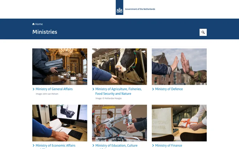 A holland kormány Ministries aloldala