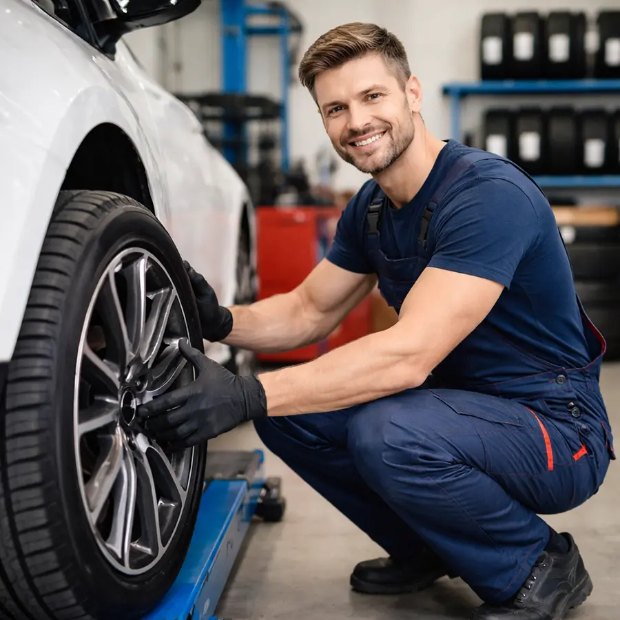 Autószerelő kerékjavítás közbenAutószerelő kerékjavítás közben